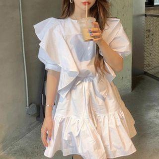 Ruffle Trim Short-sleeve Tie-waist Mini A-line Dress White - One Size