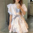 Ruffle Trim Short-sleeve Tie-waist Mini A-line Dress White - One Size