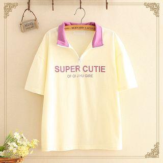 Contrast-collar Print Short-sleeve Top