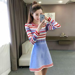 Set: Striped Knit Top + A-line Knit Skirt
