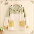 Embroidered Two-tone Hooded Zip-up Jacket Grayish Green & Beige - One Size