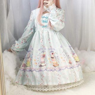 Rabbit Print Long-sleeve A-line Dress/ Hair Clip/ Set
