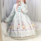 Rabbit Print Long-sleeve A-line Dress/ Hair Clip/ Set