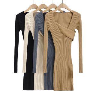 Asymmetrical Ribbed Knit Mini Sheath Dress