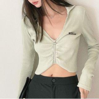 Long-sleeve Zip-up Crop Polo Shirt