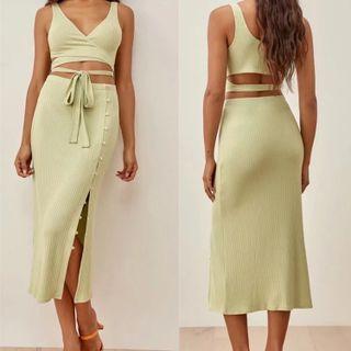 Set: Tie-waist Camisole Top + Button-up Midi Pencil Skirt