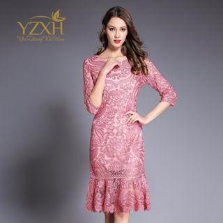 3/4-sleeve Embroidered Ruffled Dress