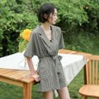 Short-sleeve Gingham Sashed Romper Olive Green - One Size