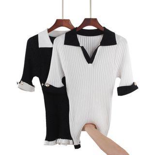 Elbow-sleeve Collared Ribbed Knit Top