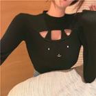 Cat Cutout Long-sleeve Slim-fit Knit Top Black - One Size