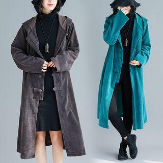 Corduroy Frog-button Hooded Midi Coat
