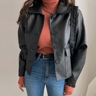 Collared Flap-pocket Pleather Jacket