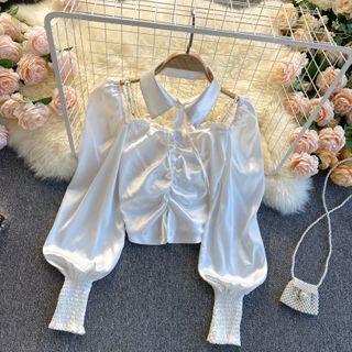 Long-sleeve Shirred Faux Pearl Cropped Blouse