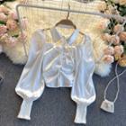 Long-sleeve Shirred Faux Pearl Cropped Blouse