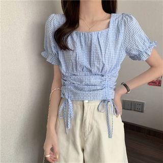 Square-neck Drawstring Check Blouse