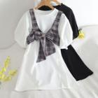 Set: Puff-sleeve Plain Mini Dress + Bow Plaid Vest