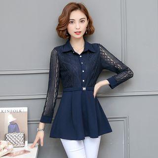 Lace Panel Tie-waist Chiffon Blouse