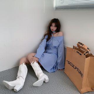 Long-sleeve Cutout Shirt Dress Blue - One Size