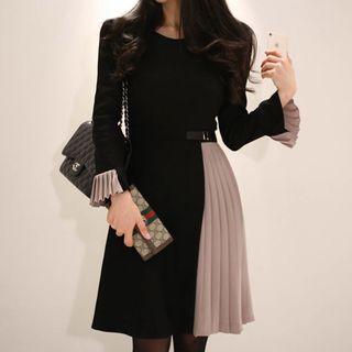 Long-sleeve Pleated Panel A-line Dress
