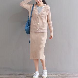 Set: Ribbed V-neck Buttoned Cardigan + Ribbed Midi Straight Fit Skirt