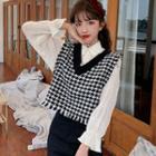 Ruched Blouse / Houndstooth Knit Vest