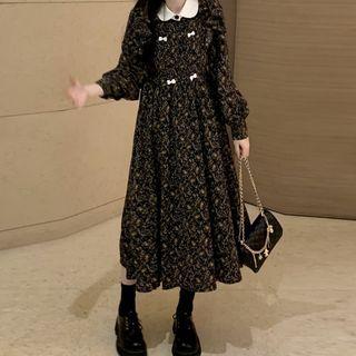 Long-sleeve Peter Pan Collar Floral A-line Midi Dress