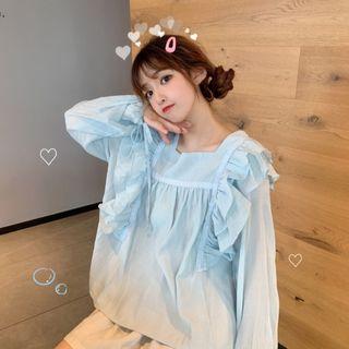Ruffle Trim Puff-sleeve Blouse Light Blue - One Size