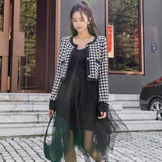 Set: Houndstooth Jacket + Spaghetti Strap Overlay Dress