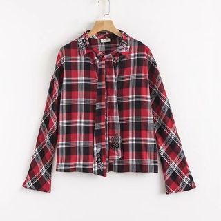 Bow Long-sleeved Open-front Gingham Blouse