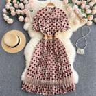 Round-neck Argyle Panel Mesh Short-sleeve Dress