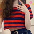 Short-sleeve Striped Knit Top Stripe - Red & Navy Blue - One Size