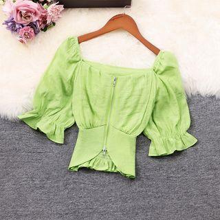 Short-sleeve Zip Chiffon Crop Top