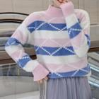 Mock-turtleneck Striped Argyle Print Sweater