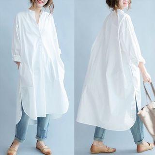 Long-sleeve Stand Collar A-line Midi Shirtdress
