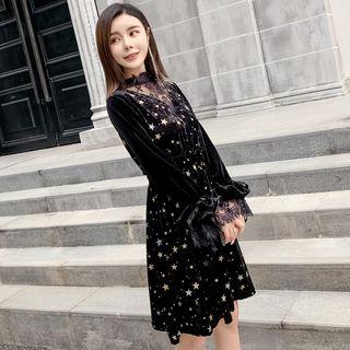 Long-sleeve Star Embroidery Velvet A-line Dress