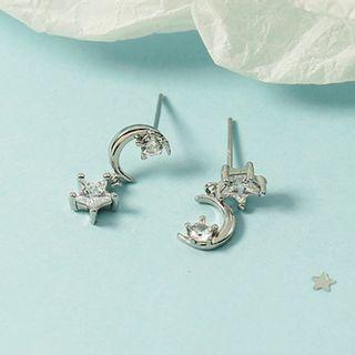 Moon & Star Rhinestone Asymmetrical Dangle Earring 1 Pair - Silver - One Size