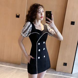 Set: Two-tone Panel Short-sleeve Mini A-line Dress + Plain Mini A-line Skirt