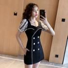 Set: Two-tone Panel Short-sleeve Mini A-line Dress + Plain Mini A-line Skirt