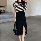 Striped Cropped T-shirt / Slit Midi Pencil Skirt