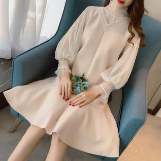 Puff-sleeve Beaded Mesh Panel A-line Dress