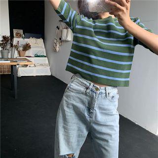 Striped Short-sleeve Cropped T-shirt Stripes - Green & Blue - One Size