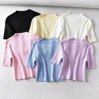 Mock Turtleneck Plain Short-sleeve Knit Cropped Top