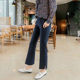 Buckled-waist Slit-hem Boot-cut Dress Pants