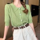 Collared Short-sleeve Pointelle Knit Cardigan