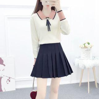 Set: Contrast Trim Knit Top + Pleated Skirt