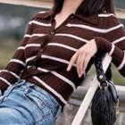 Striped Lapel Long-sleeve Cardigan As Shown In Figure - One Size
