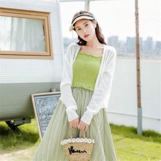 Crinkle Camisole Top / Cardigan / Plaid Midi A-line Skirt