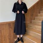 Long-sleeve Sashed Midi A-line Shirt Dress Black - One Size