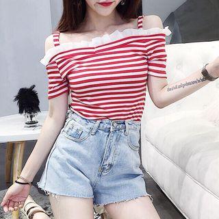 Short-sleeve Striped Cold-shoulder Top