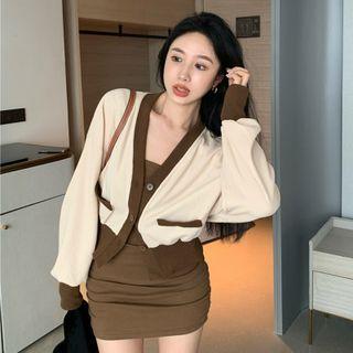 Contrast Trim Cardigan / Spaghetti Strap Sheath Dress